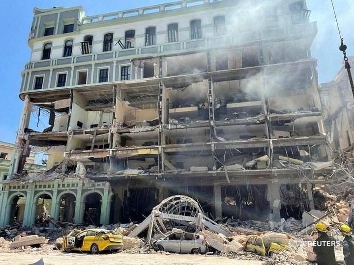 Debris is scattered after an explosion destroyed the Hotel Saratoga in Havana, C