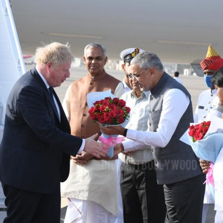 UK PM Boris Johnson welcomed by Gujarat CM Bhupendra Patel at Ahemdabad Airport