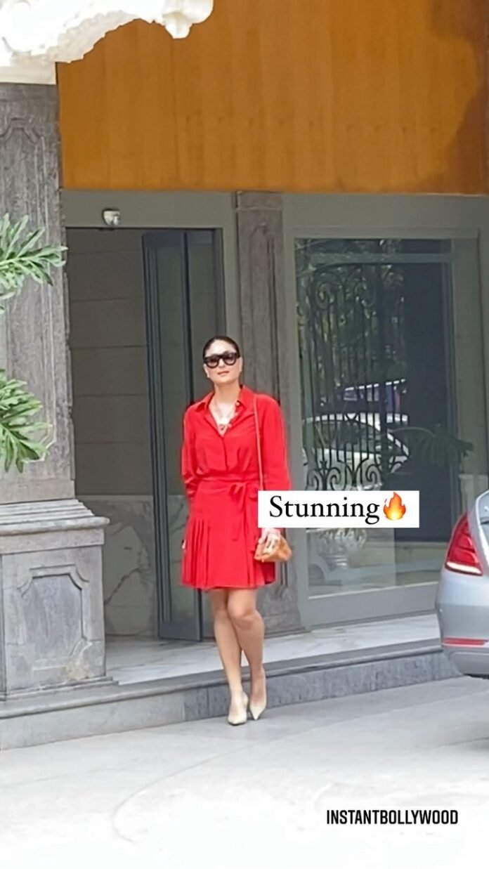  looks stunning in red as she arrives at daddy Randhir Kapoor’s house today 
.
.